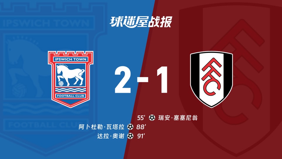 【英超联赛第6轮】伊普斯维奇vs富勒姆比赛结果：伊普斯维奇(2-1)富勒姆比分战报(2026年10月10日)