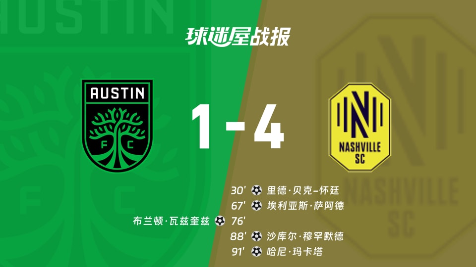 【美职联联赛第28轮】奥斯汀FCvs纳什维尔SC比赛结果：奥斯汀FC(1-4)纳什维尔SC比分战报(2026年10月11日)
