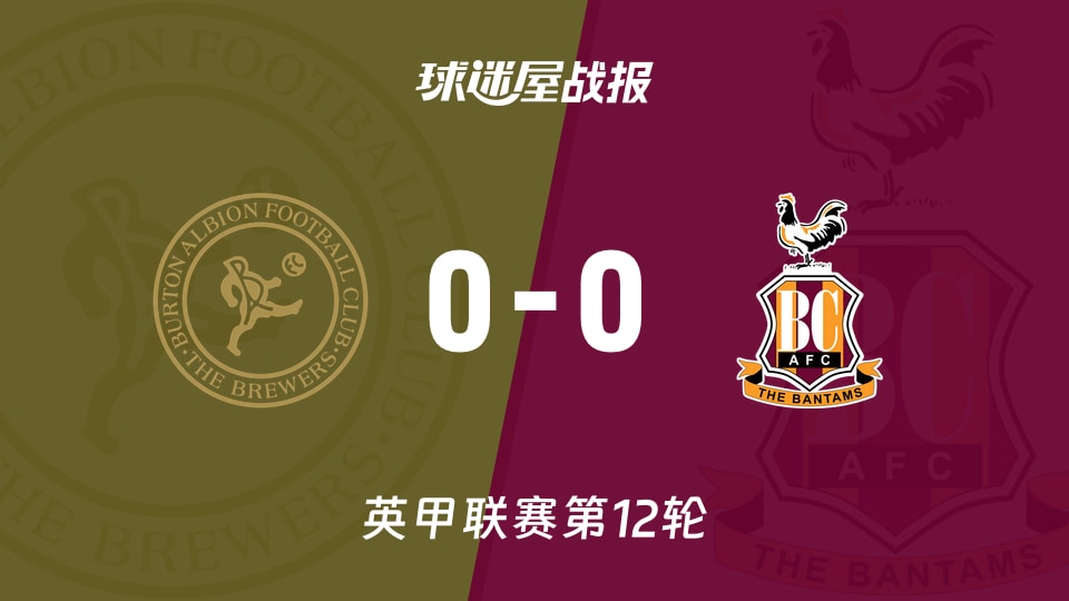 【英甲联赛第12轮】伯顿vs布拉德福德比赛结果：伯顿(0-0)布拉德福德比分战报(2026年10月21日)
