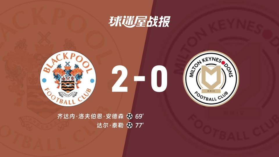 【英甲联赛第12轮】布莱克浦vs米尔顿凯恩斯比赛结果：布莱克浦(2-0)米尔顿凯恩斯比分战报(2026年10月21日)