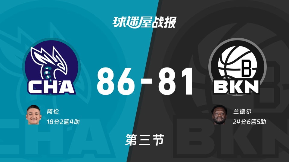 黄蜂vs篮网：第三节完，黄蜂86-81篮网，兰德尔得到24分
